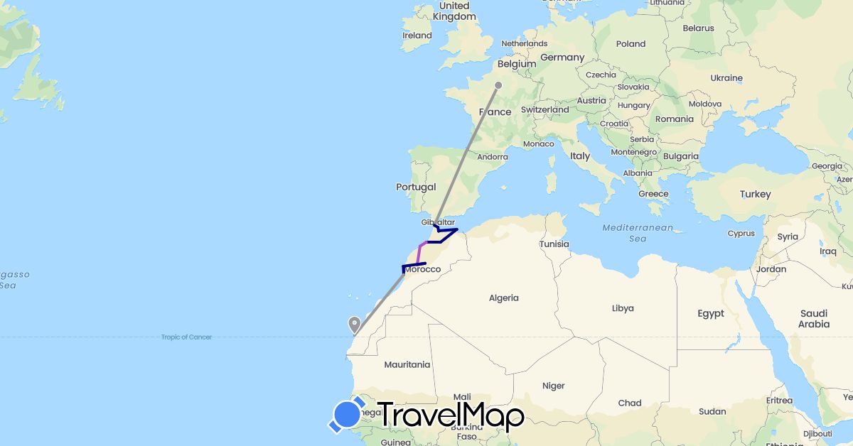 TravelMap itinerary: driving, plane, train in France, Morocco (Africa, Europe)